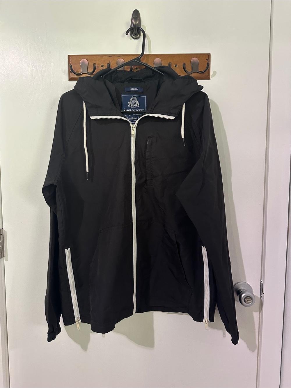 American Rag Black Hooded Windbreaker with White Zippers